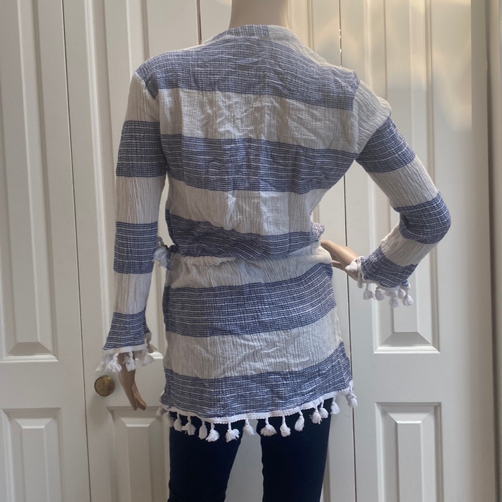 Blue Island Womens L Boho Fringe Long Sleeve Top. Blue and White stripes. - Picture 7 of 12